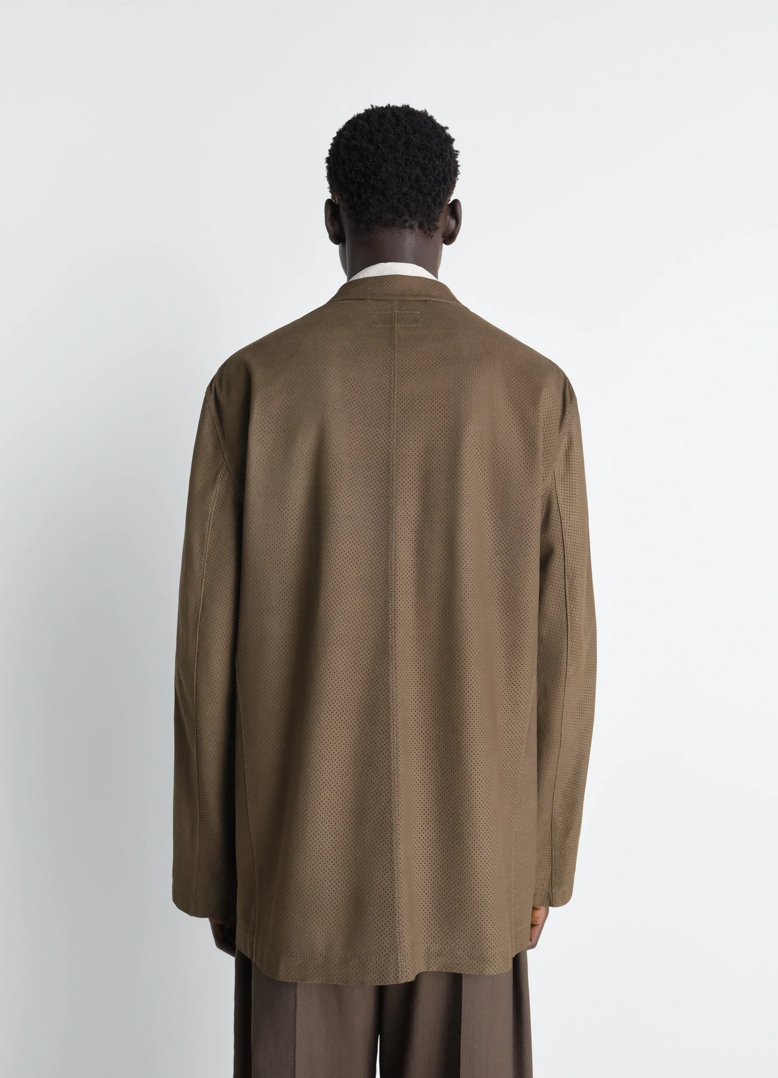 DOUBLE BREASTED LEATHER TAILORED JACKET IN NUBUCK - Thyme DOUBLE BREASTED LEATHER TAILORED JACKET IN NUBUCK - Thyme