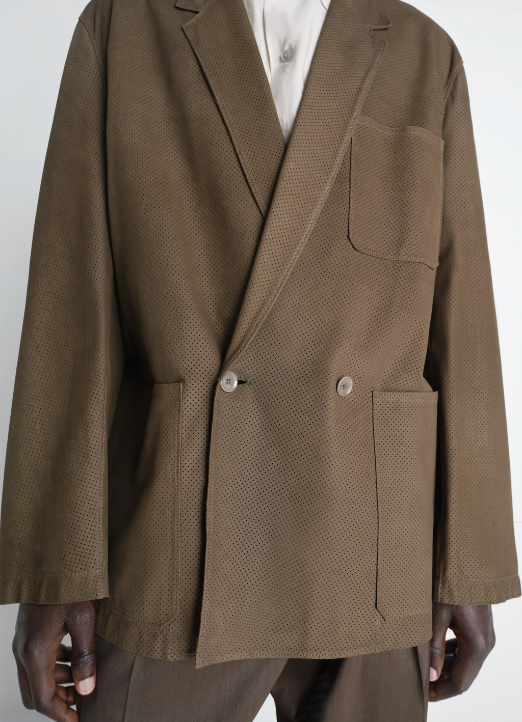 DOUBLE BREASTED LEATHER TAILORED JACKET IN NUBUCK - Thyme