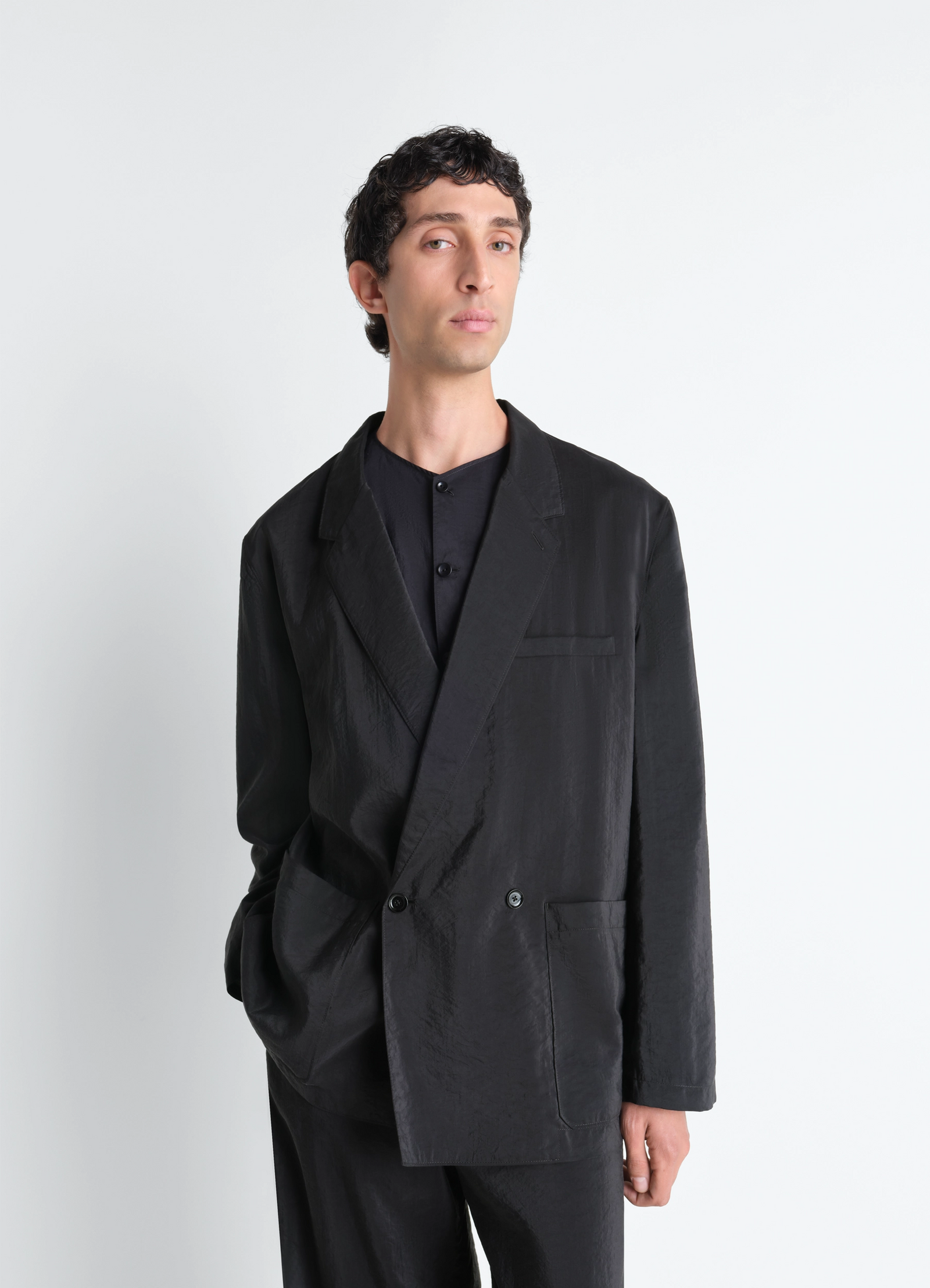 SOFT DOUBLE BREASTED JACKET IN DRY SILK - Black - Dry Silk - Men | LEMAIRE