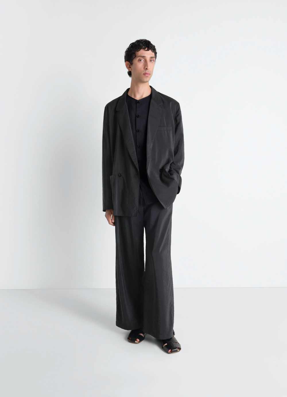 SOFT DOUBLE BREASTED JACKET in Dry Silk, model shot, side view relaxed fit