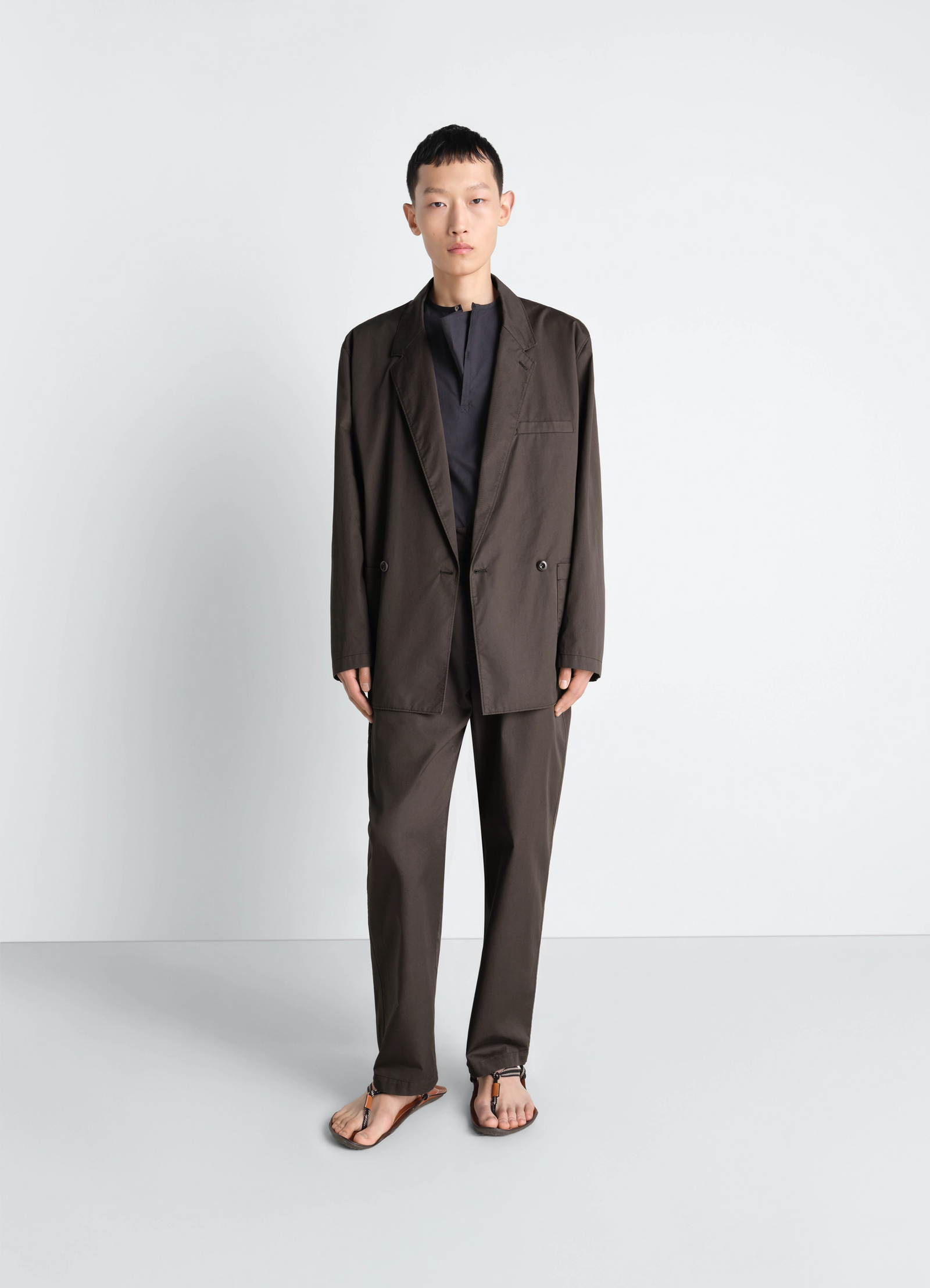 Double breasted workwear jacket in cotton twill, model shot, full body view relaxed fit