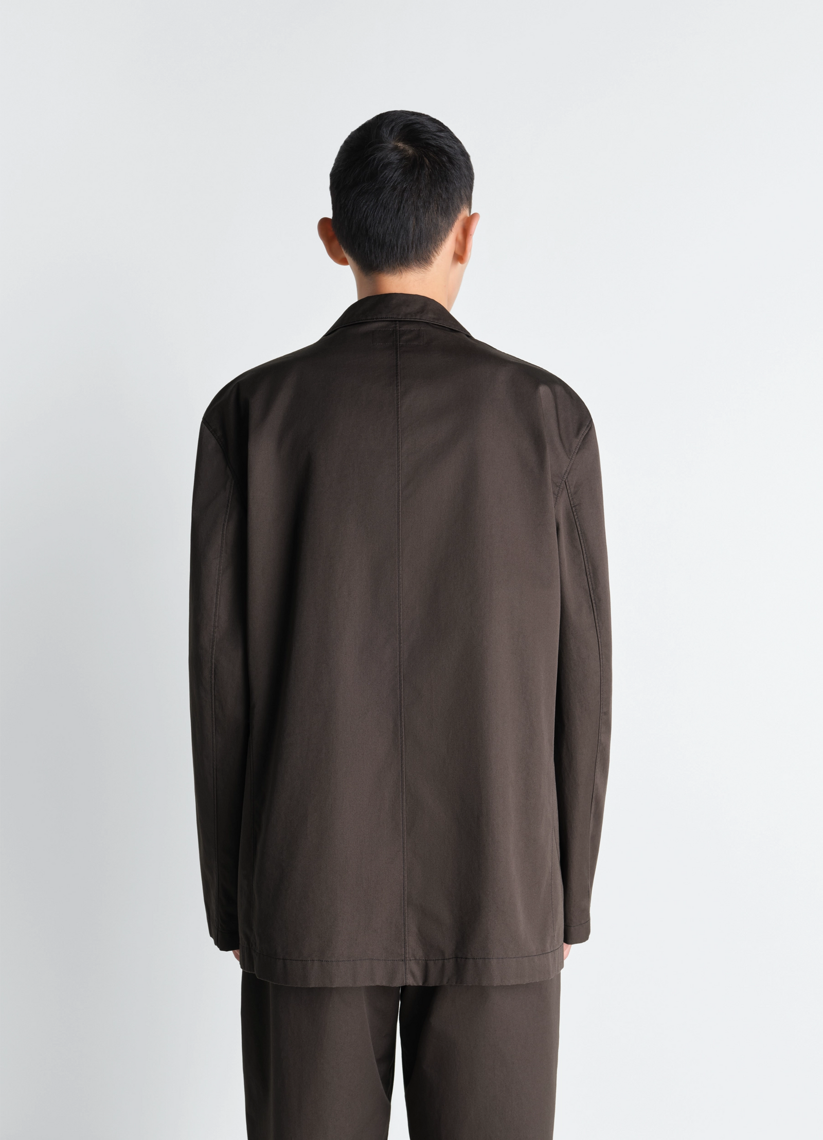 Double breasted workwear jacket in cotton twill, model shot, back view straight back seam