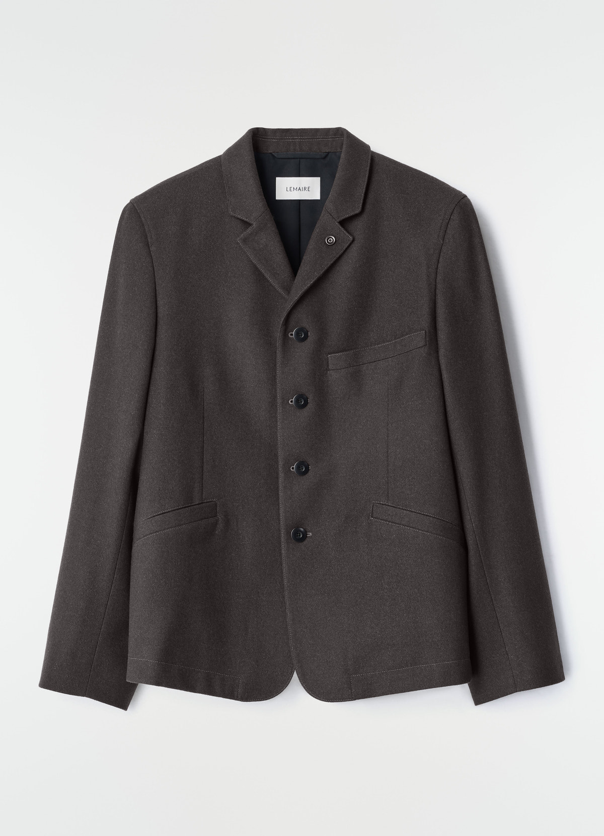 Utility tailored jacket in dark brown wool cotton twill by lemaire flat lay on white background front view