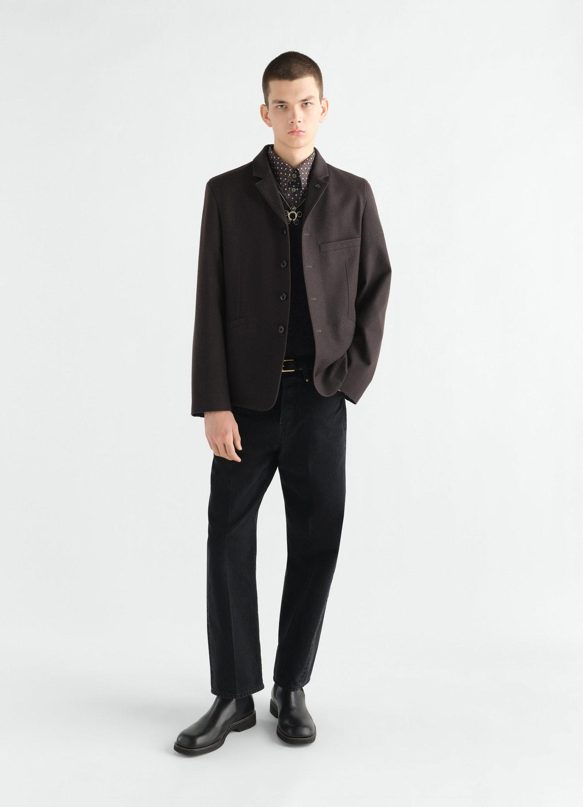 Utility tailored jacket black wool cotton twill worn by model front lemaire