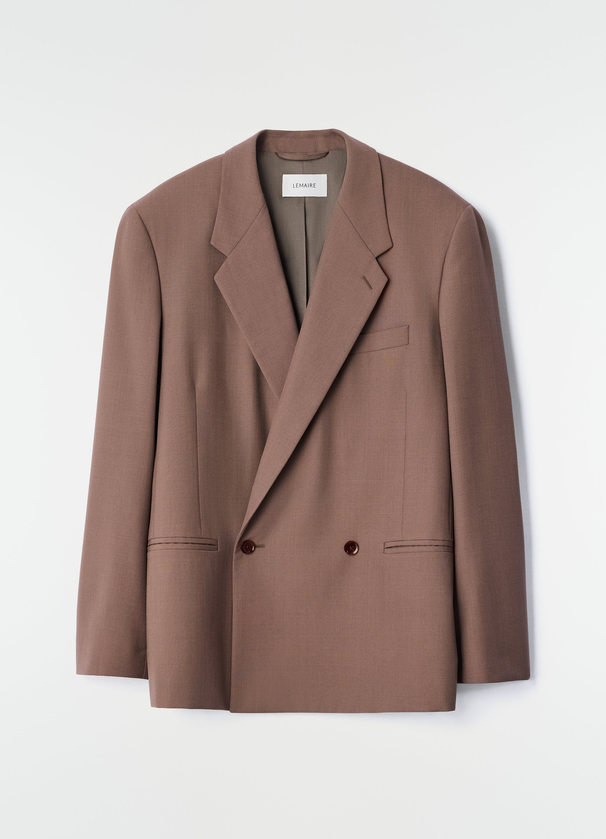 Double-breasted tropical wool blend jacket in muted brown by lemaire front view on white background