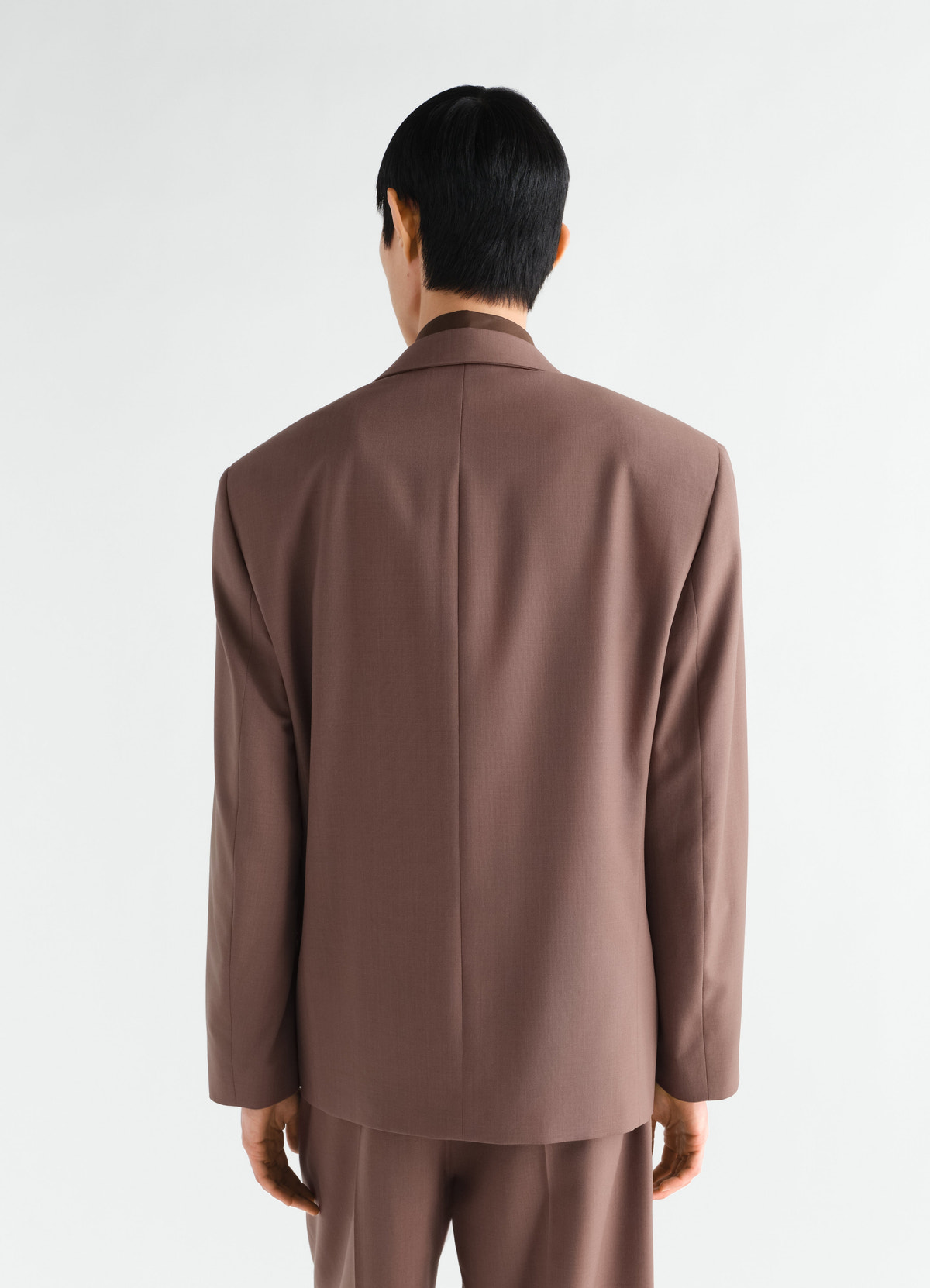 Double-breasted brown tropical wool blend jacket by lemaire worn by a model back view