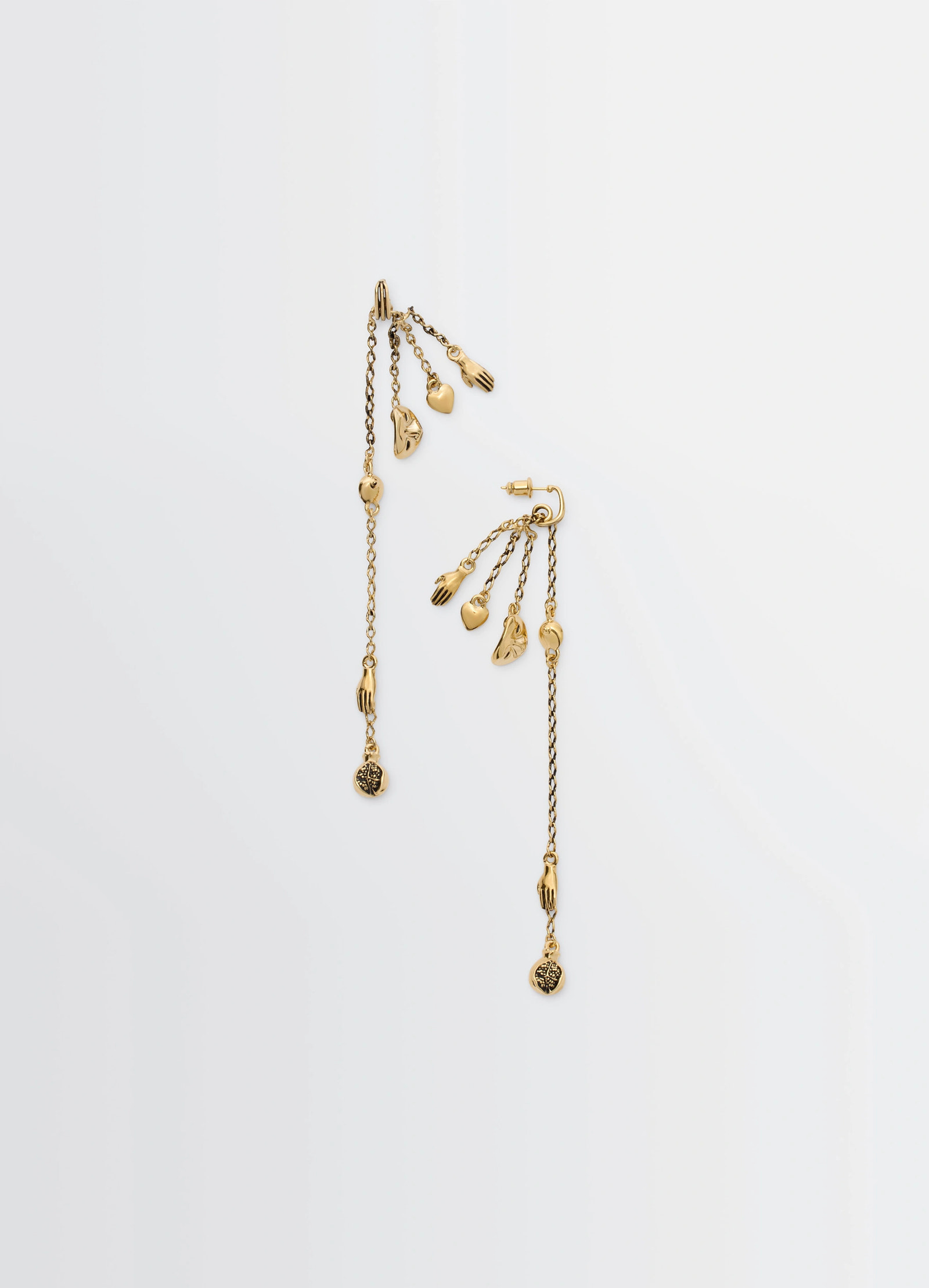 Estampe earrings in aged-effect gilded brass, product shot, front view figurative forms