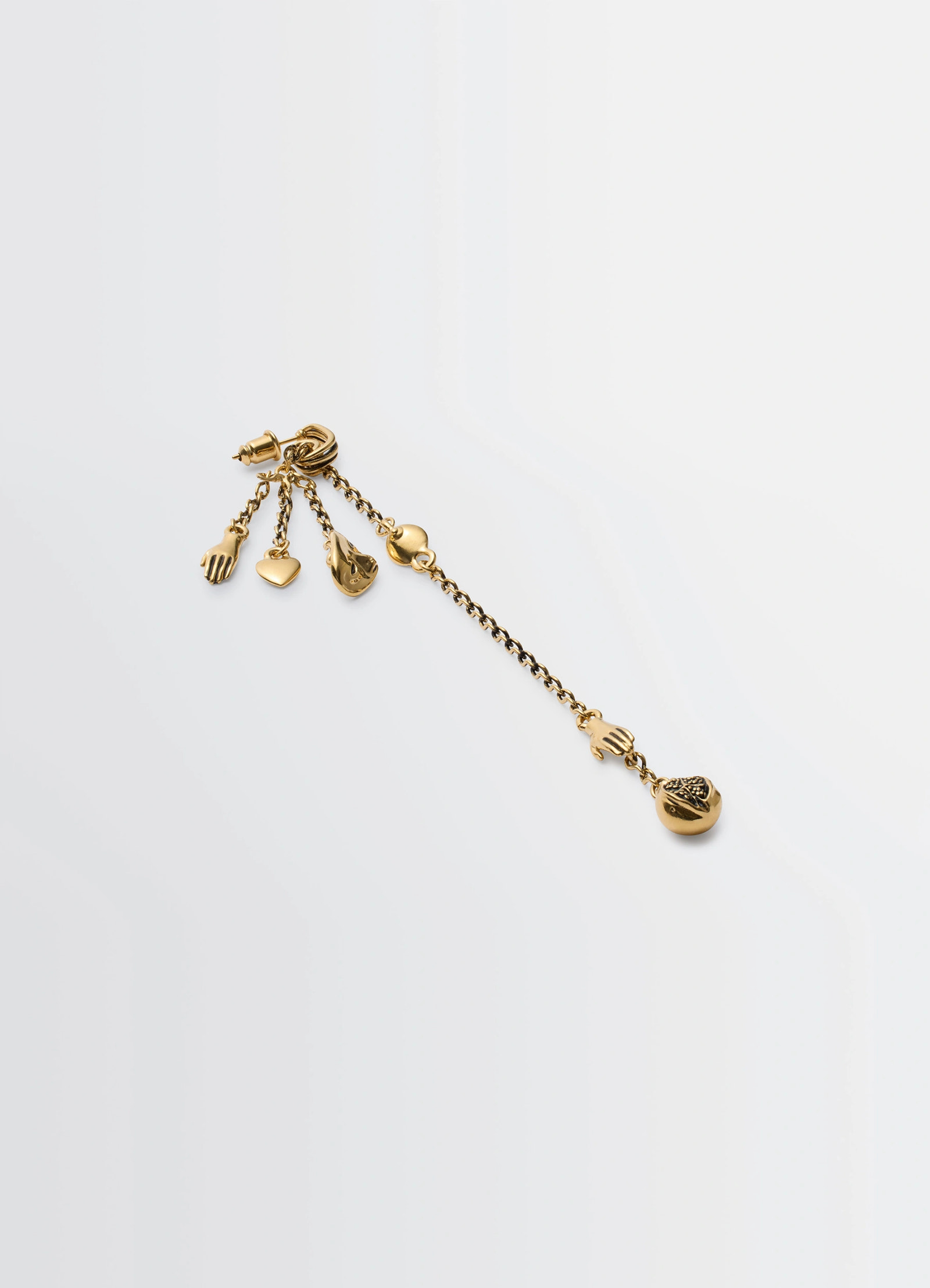 Estampe earrings in aged-effect gilded brass, product shot, angled detail view assorted charms