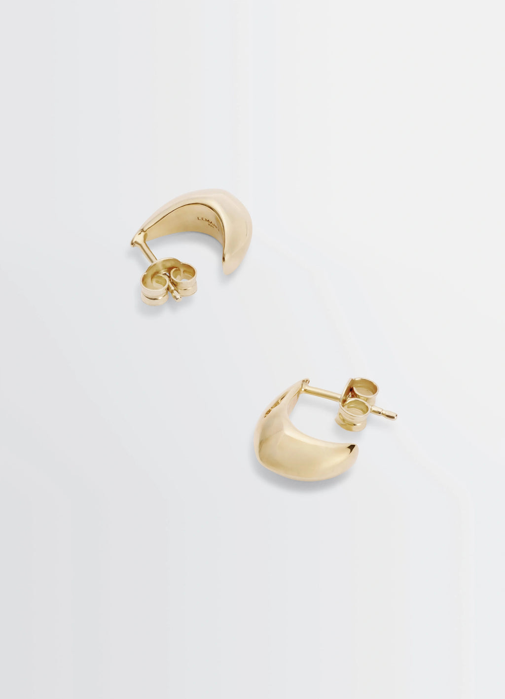 Lemaire Micro Drop Earrings in Vermeil, product shot, overhead view curved shape design