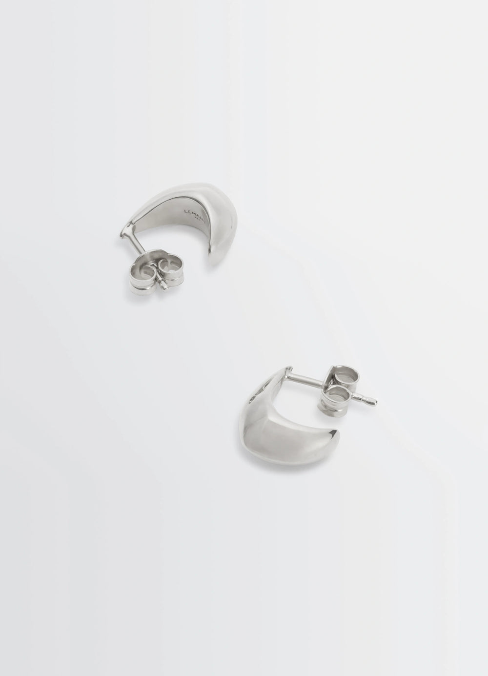Lemaire Micro Drop Earrings in Rhodium-Plated Silver, product shot, top angled view stud closure detail