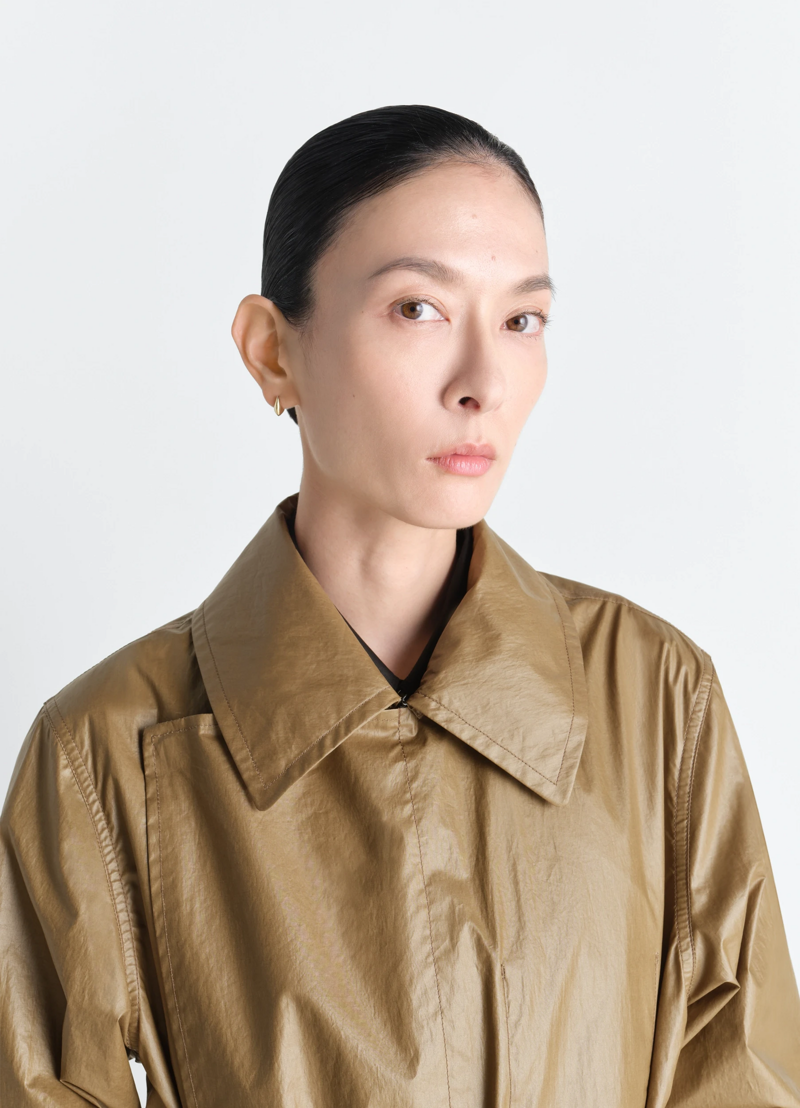 Micro drop earrings in vermeil in vermeil, model shot, side view minimal hoop style