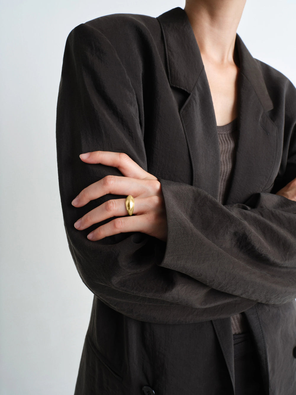 Chunky Drop Ring in Vermeil, model shot, hand detail shot worn with blazer