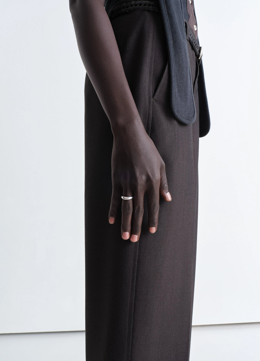 Lemaire Drop Ring in Rhodium-plated Silver, model shot, side view worn on left hand