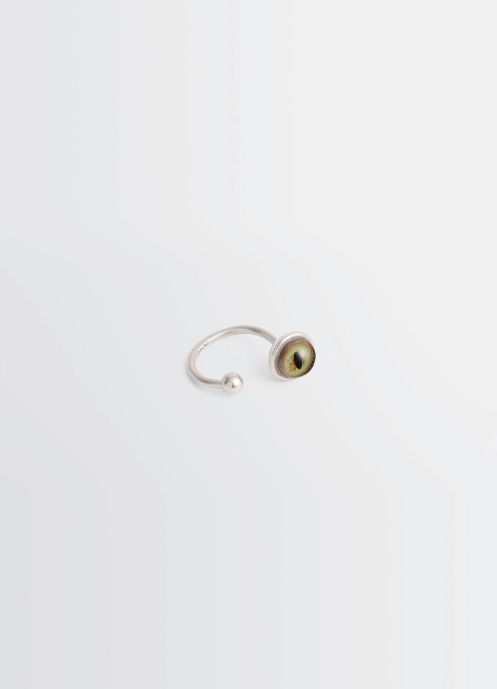 Cat Eye Rattle Ring in Silver-plated brass, product shot, angled side view adjustable open ring