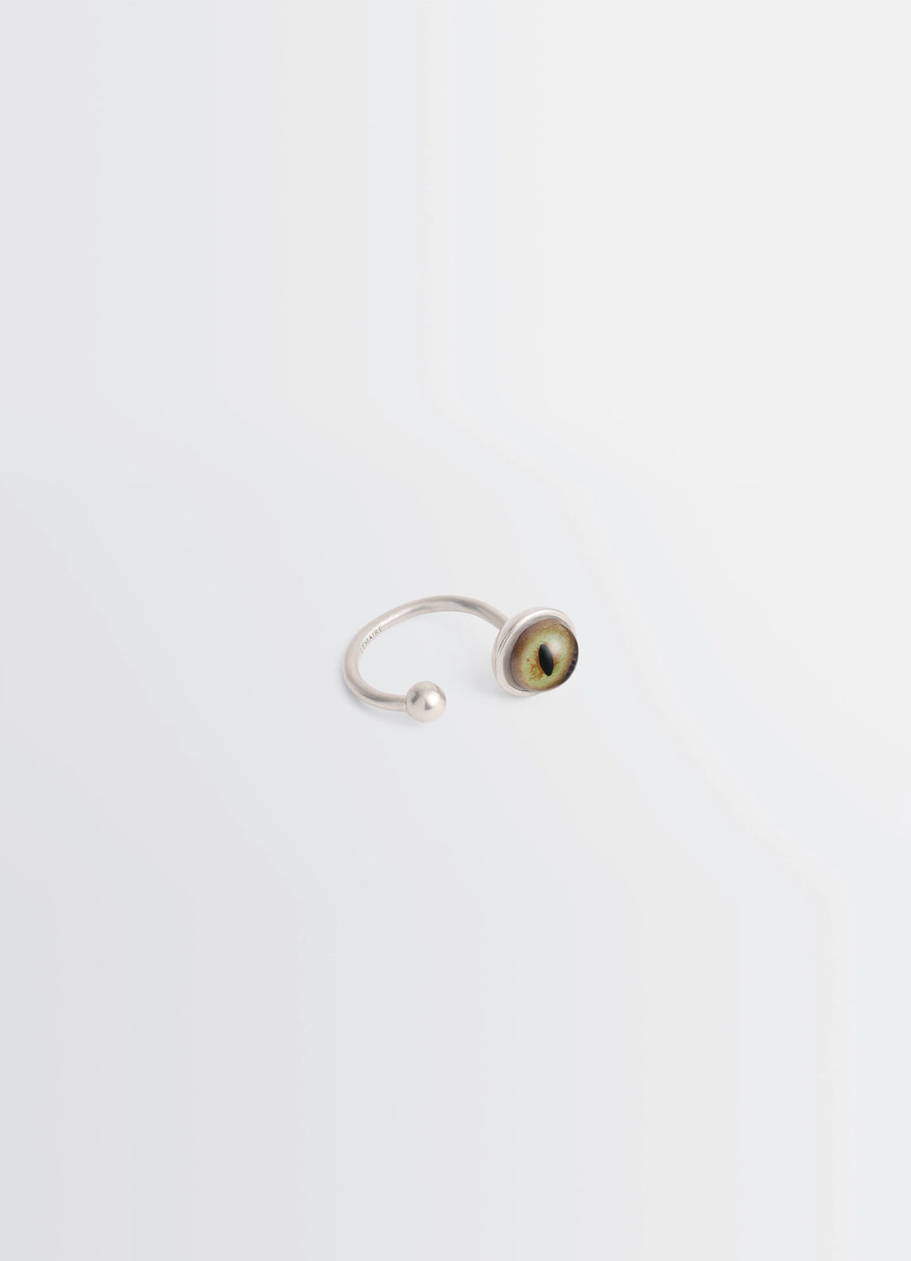 Cat Eye Rattle Ring in Silver-plated brass, product shot, angled side view adjustable open ring