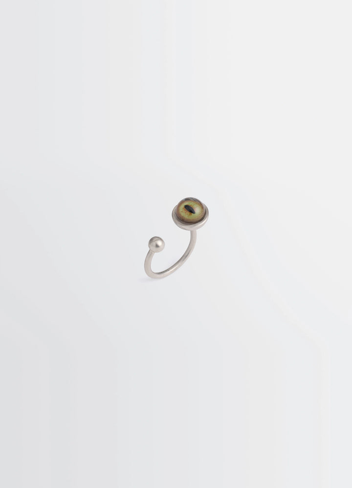 Cat Eye Rattle Ring in Silver-plated brass, product shot, Front view Glass cats eye detail
