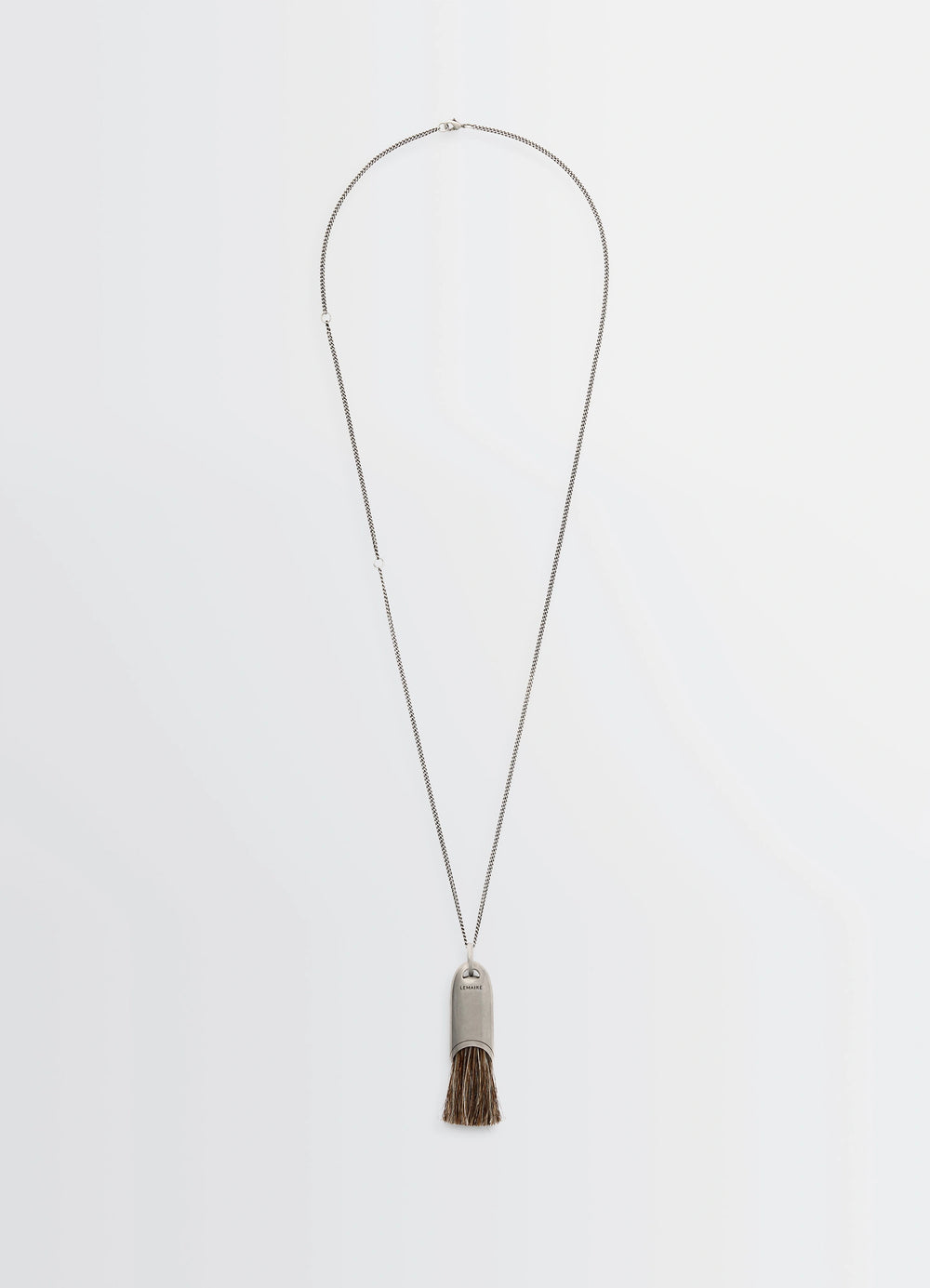 Lemaire Personal Brush Necklace in Silver and Brown Brush, product shot, Front view Pendant with brush