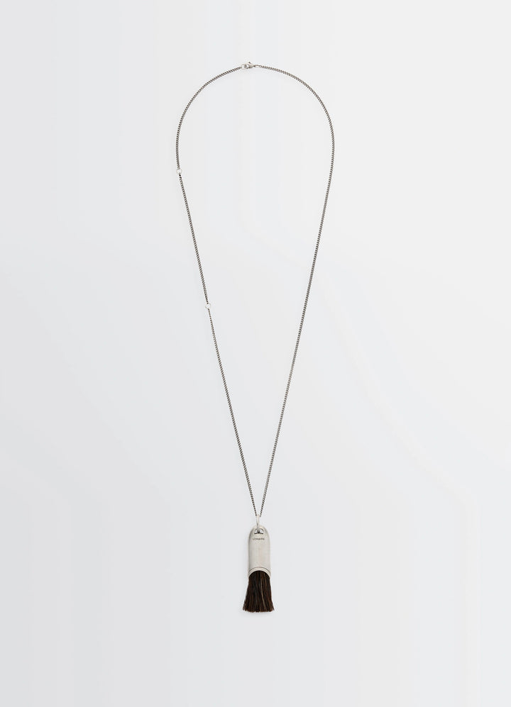 Lemaire Personal Brush Necklace in Silver and Dark Brush, product shot, front view brush pendant detail