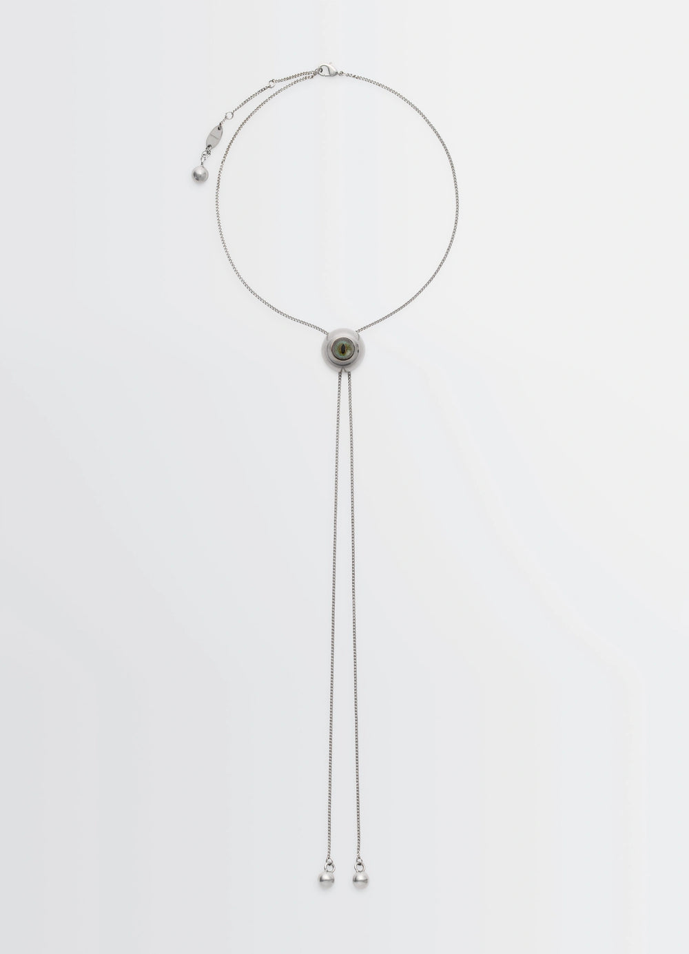 Cat Eye Rattle Bolo Tie in Silver-plated brass, product shot, Front view Adjustable design