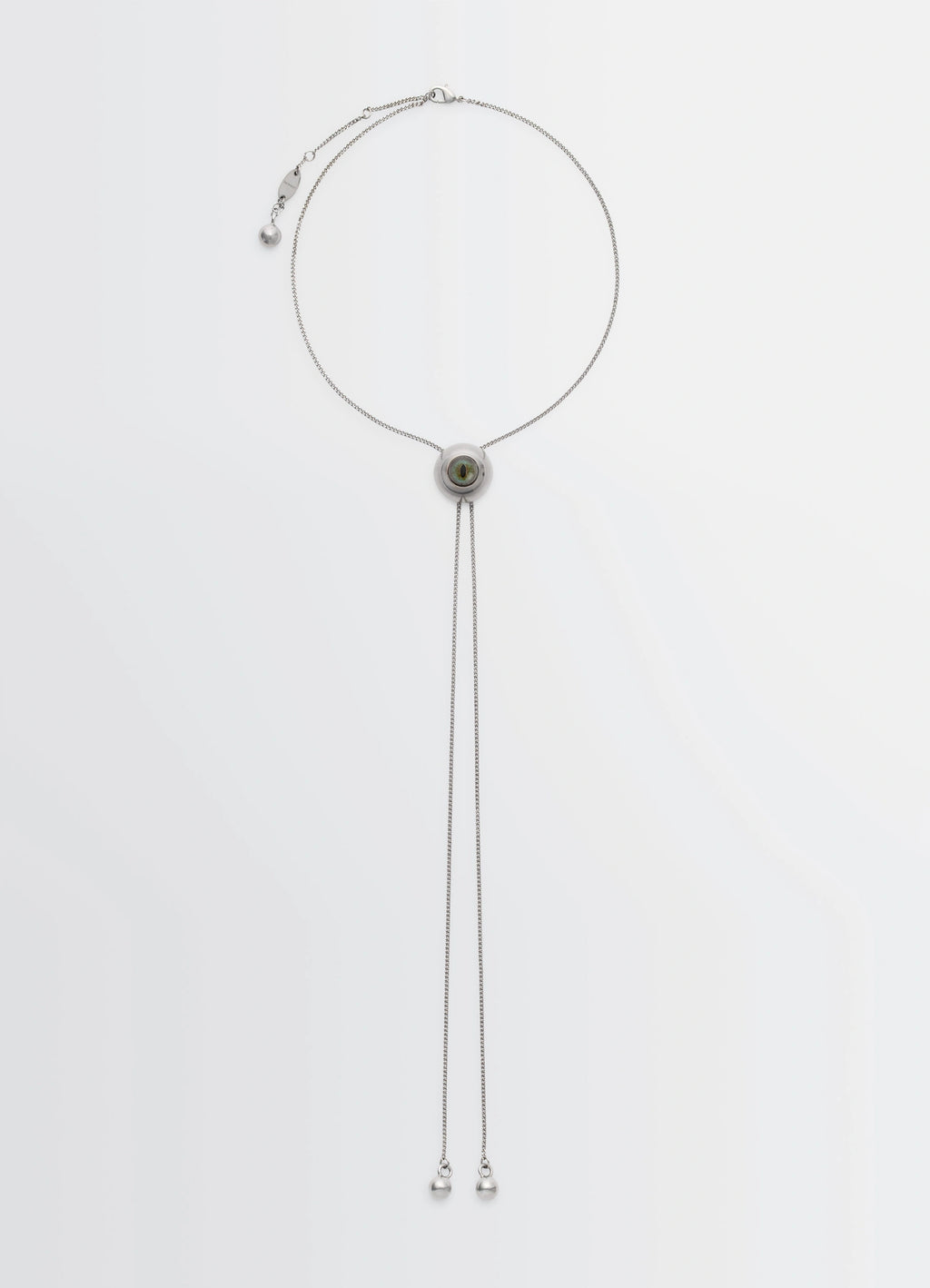Cat Eye Rattle Bolo Tie in Silver-plated brass, product shot, Front view Adjustable design