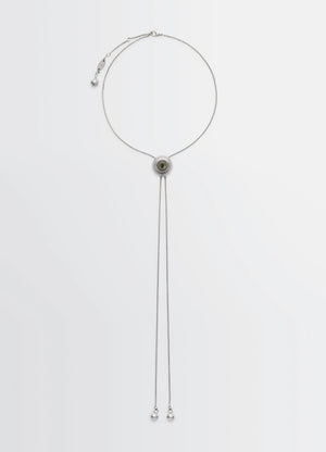 Cat Eye Rattle Bolo Tie in Silver-plated brass, product shot, Front view Adjustable design