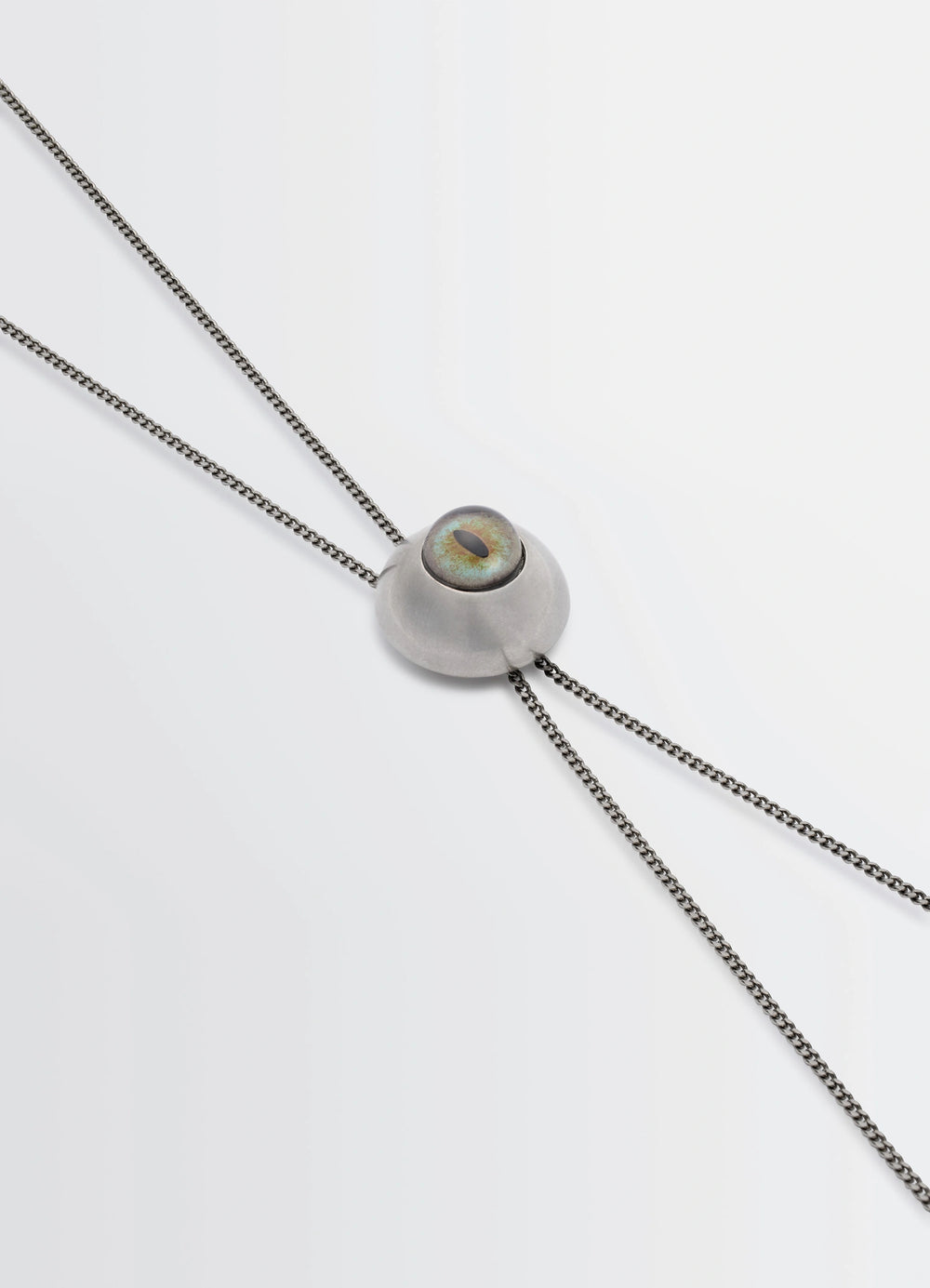 Cat Eye Rattle Bolo Tie in Silver-plated brass, product shot, detail shot textured chain