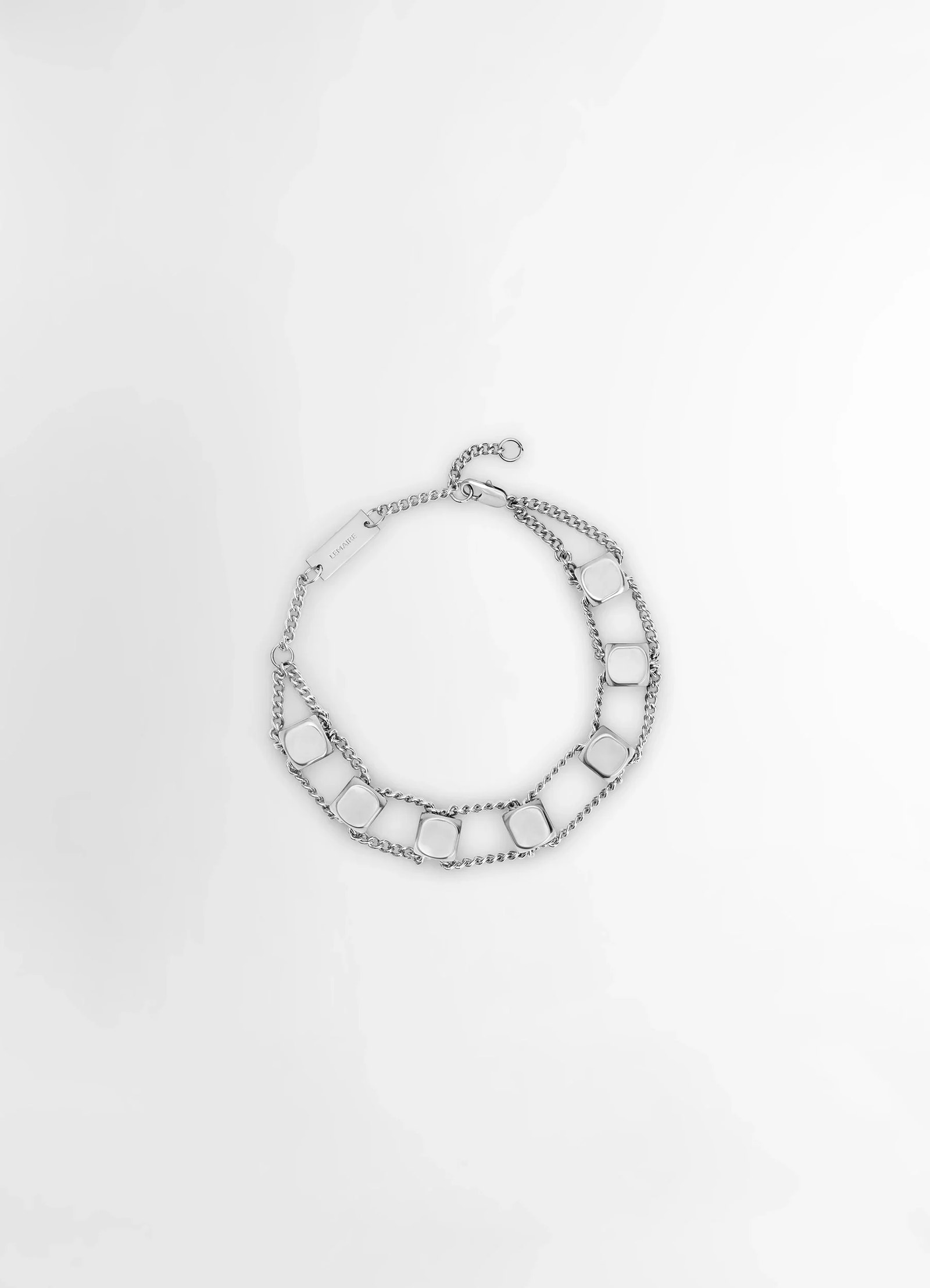 Abacus bracelet in shiny silver brass, product shot, top view double cubic beads