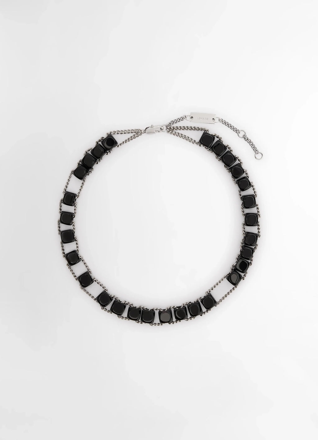 Lemaire Abacus Necklace in Shiny silver brass, black onyx, product shot, Top view Adjustable chocker