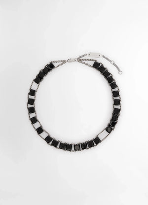 Lemaire Abacus Necklace in Shiny silver brass, black onyx, product shot, Top view Adjustable chocker