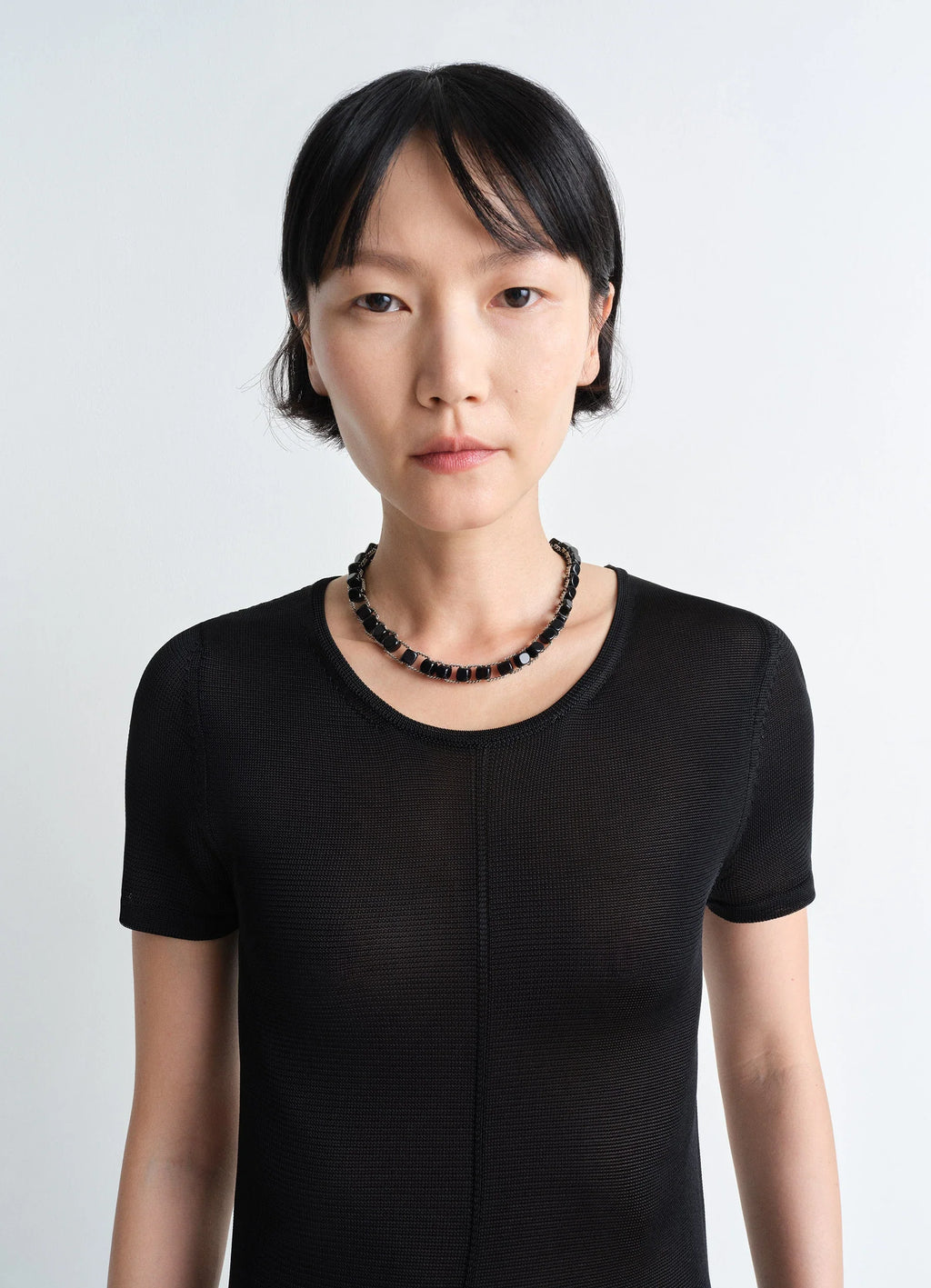 Lemaire Abacus Necklace in Shiny silver brass, black onyx, model shot, front view worn by model