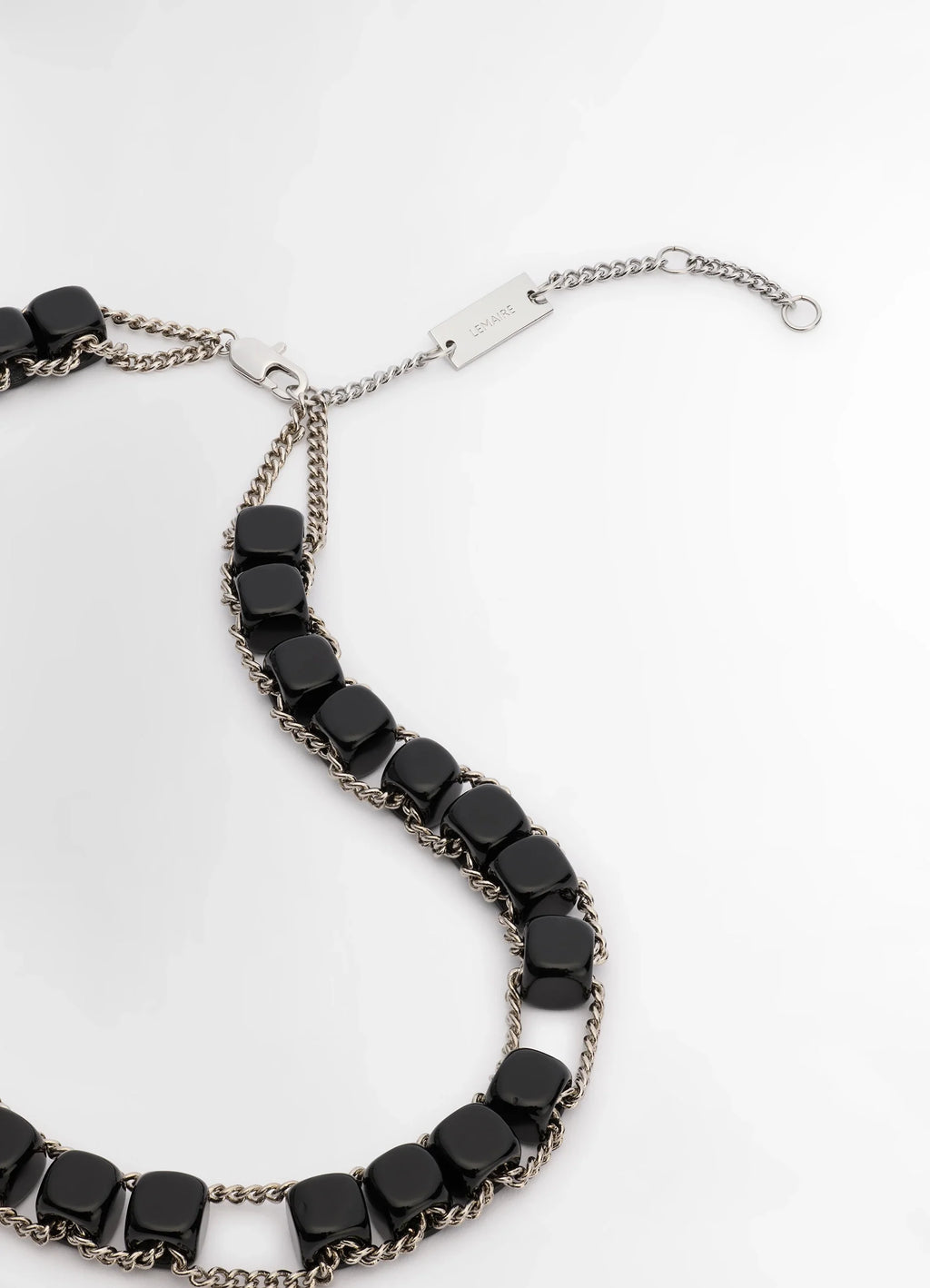 Lemaire Abacus Necklace in Shiny silver brass, black onyx, product shot, detail shot chain and clasp detail