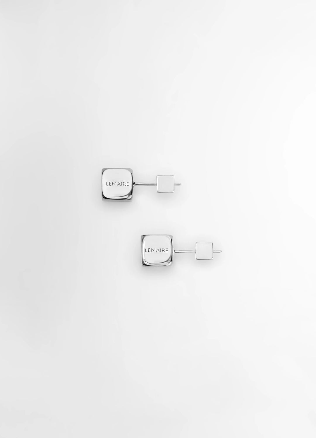 Lemaire Abacus Earrings in Shiny Silver Brass, product shot, Front View Cubic Silvery Beads