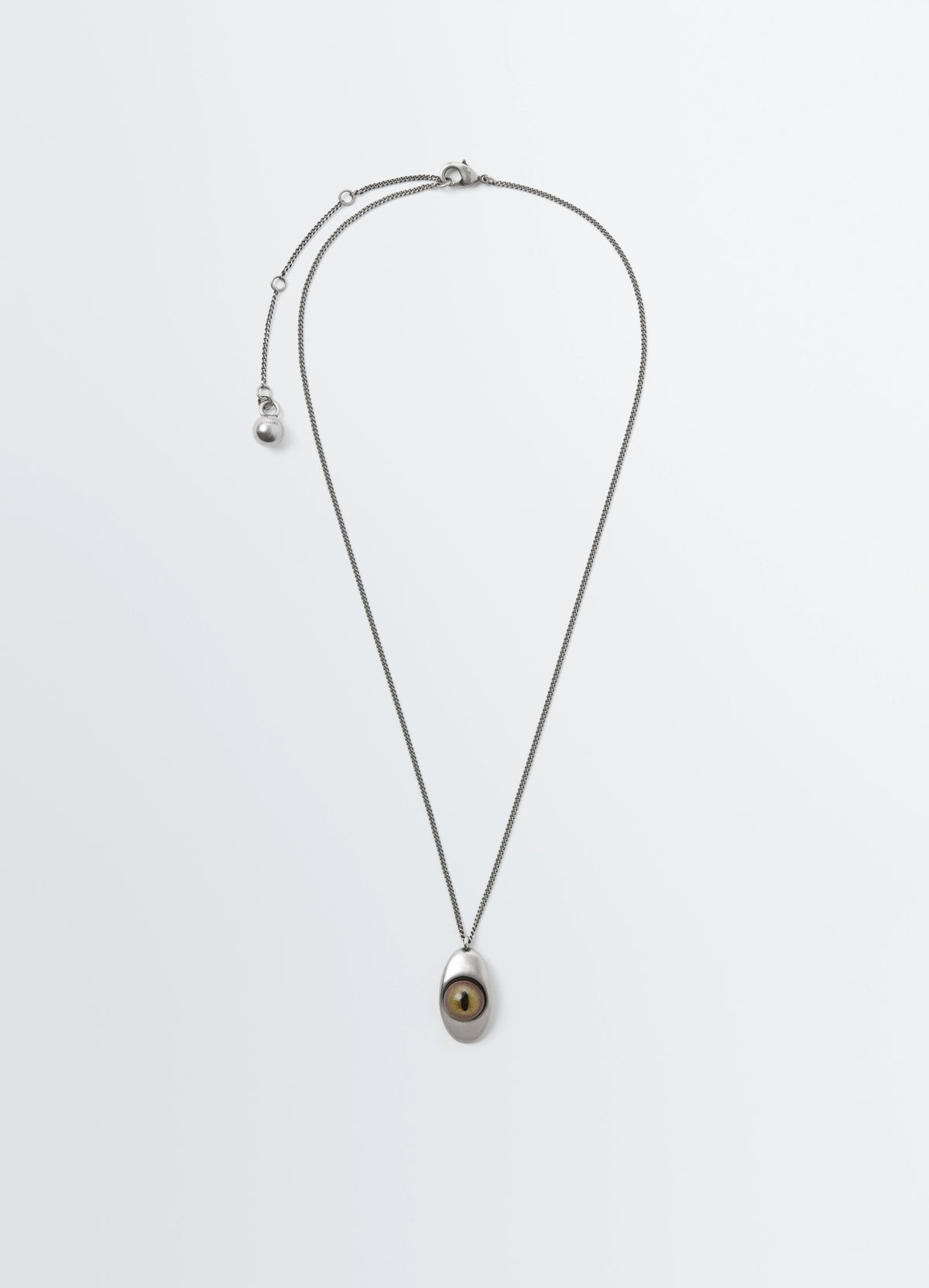 Cat Eye Pendant Necklace in Silver-plated brass, glass, product shot, Front view Reflects curiosity cabinets