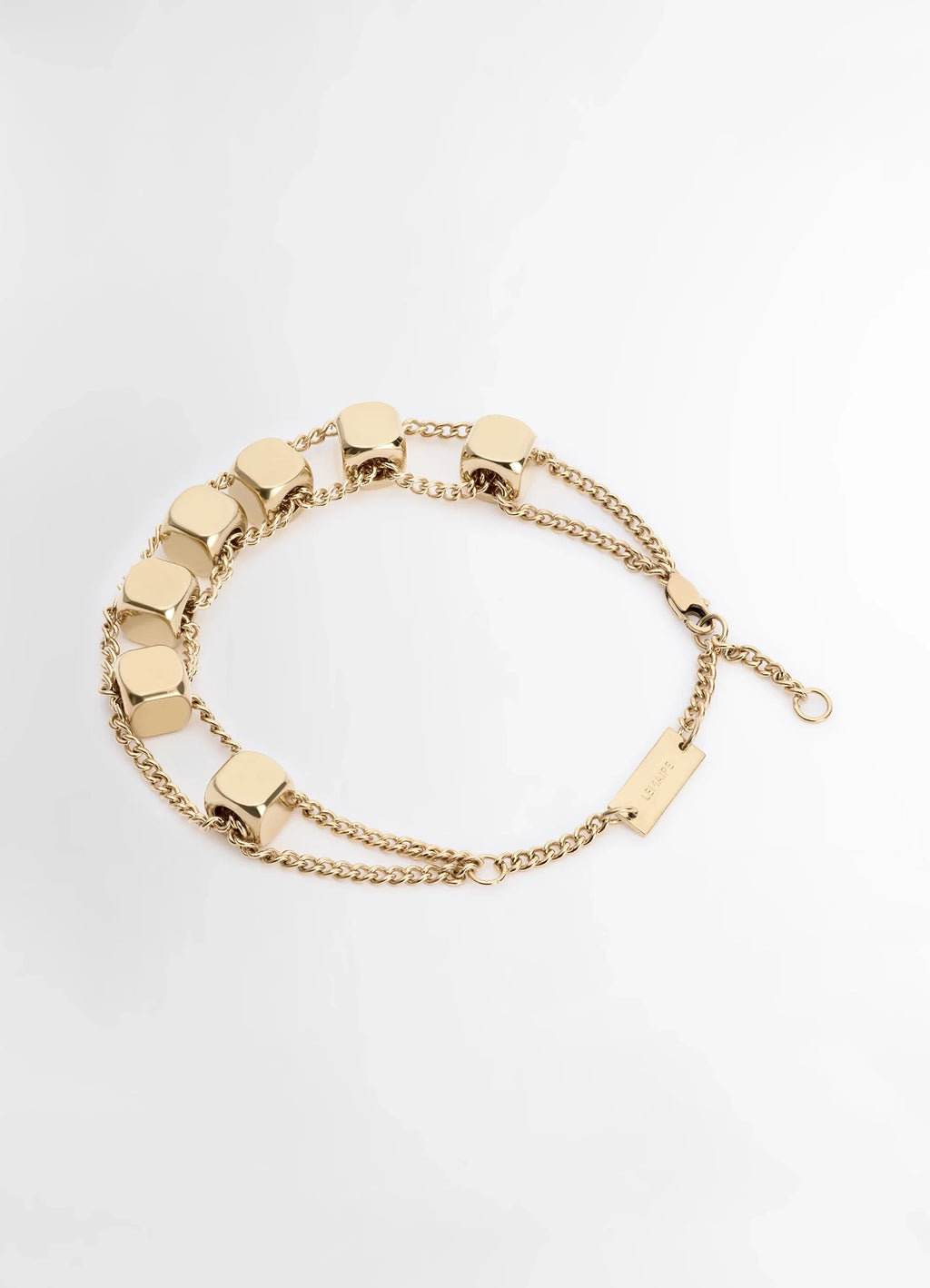 Abacus Bracelet Gold in Gold Brass, product shot, angled detail shot double chain design