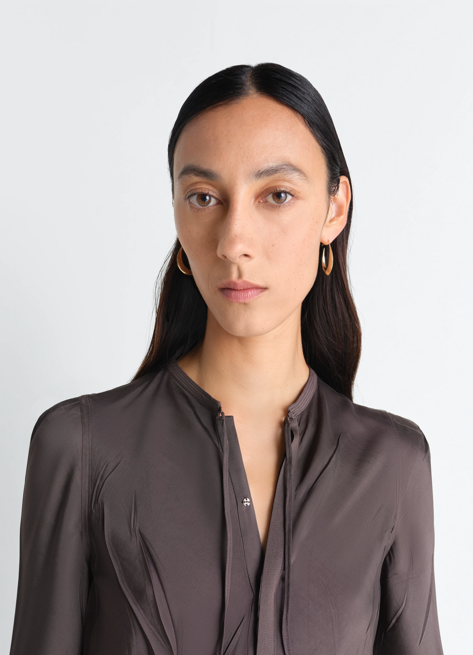 Drop hoop earrings in vermeil, model shot, porte side view worn with draped collar