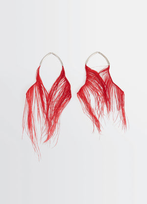 Feather Earrings in Red Ostrich Feathers, product shot, Front view Silver-plated brass