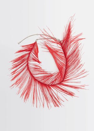 FEATHER NECKLACE in Red Ostrich Feathers, Silver-Plated, product shot, Top view Detailed feather arrangement
