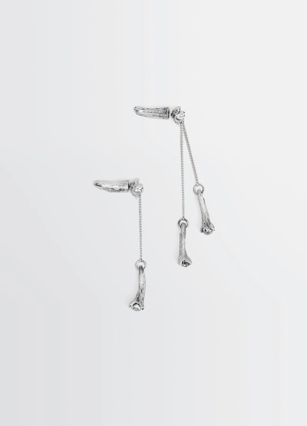 Clove Pendant Earrings in Hammered Patinated Brass, product shot, Front view Dangling design