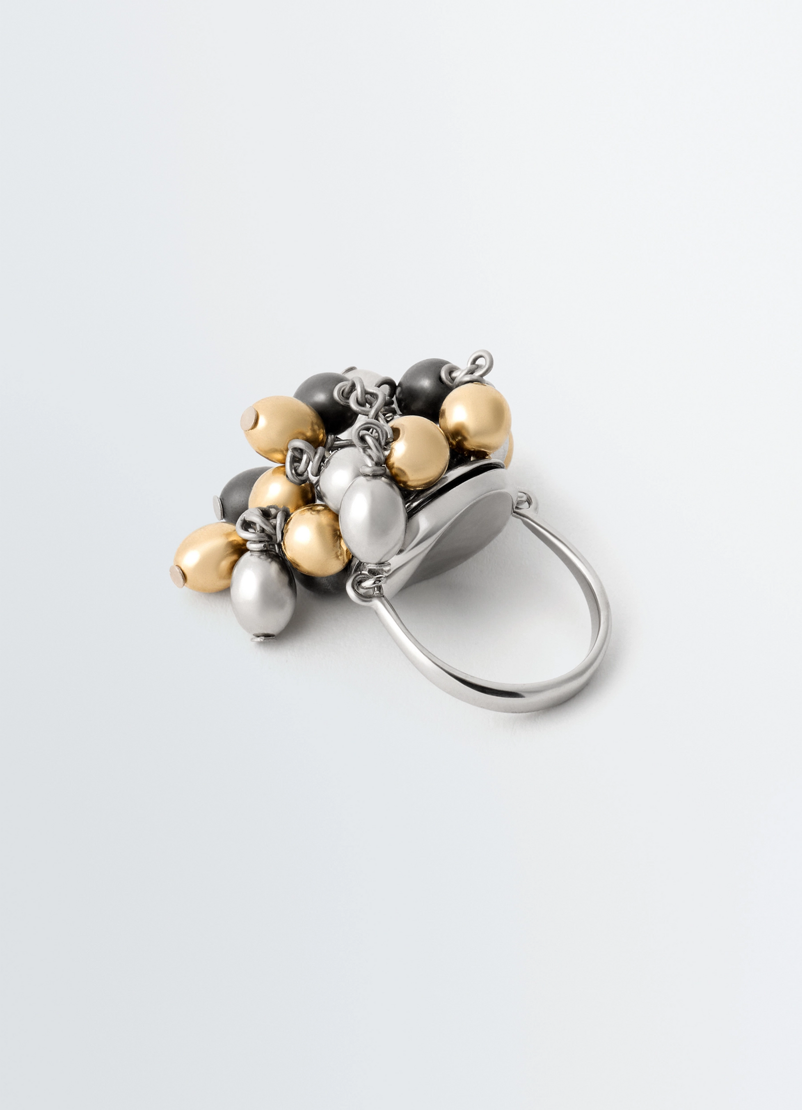 Seeds ring in mixed metallics, product shot, angled side view hanging bead clusters