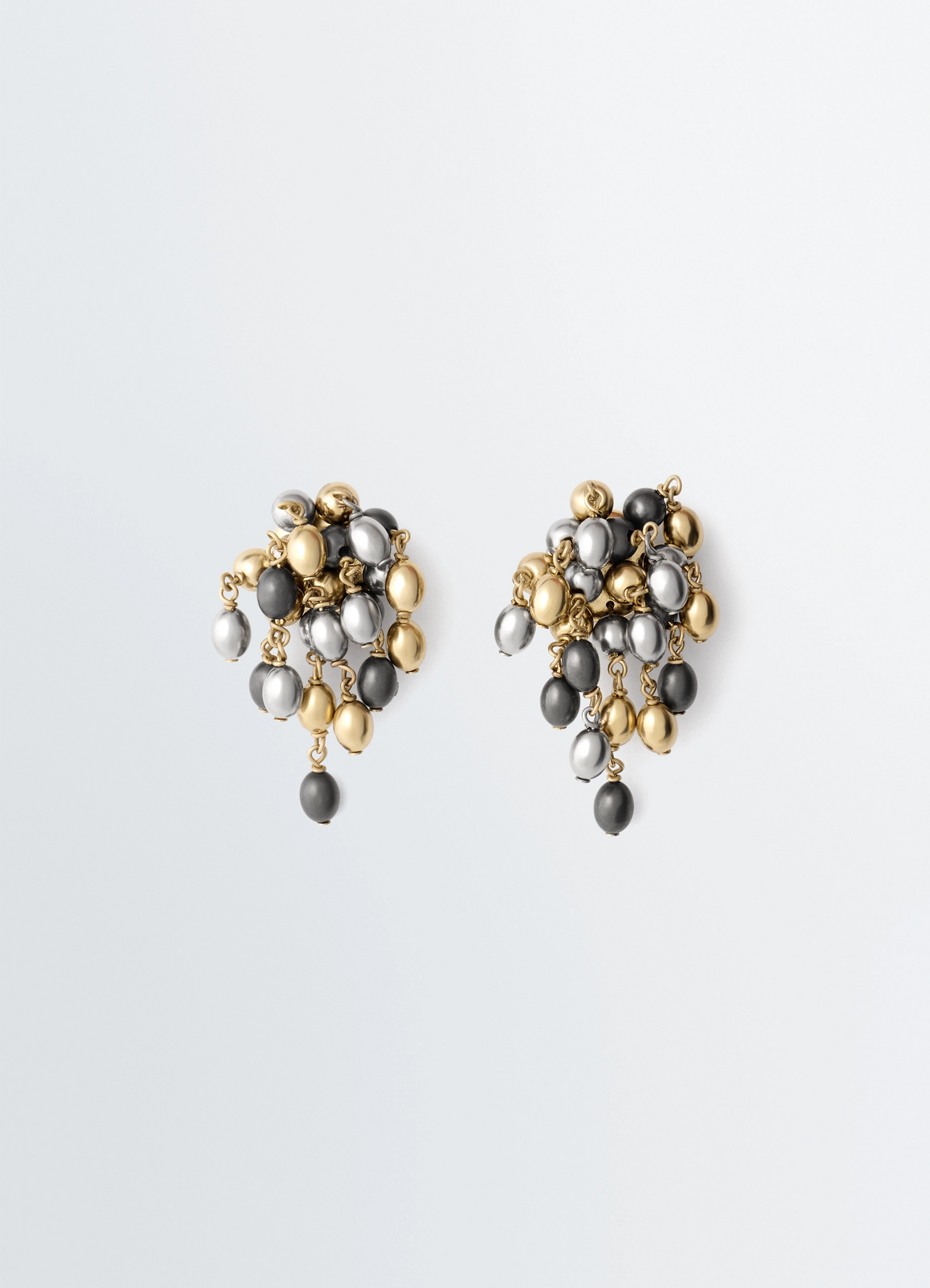 Seeds earrings in gold and silver tones, product shot, front view cluster design, articulated