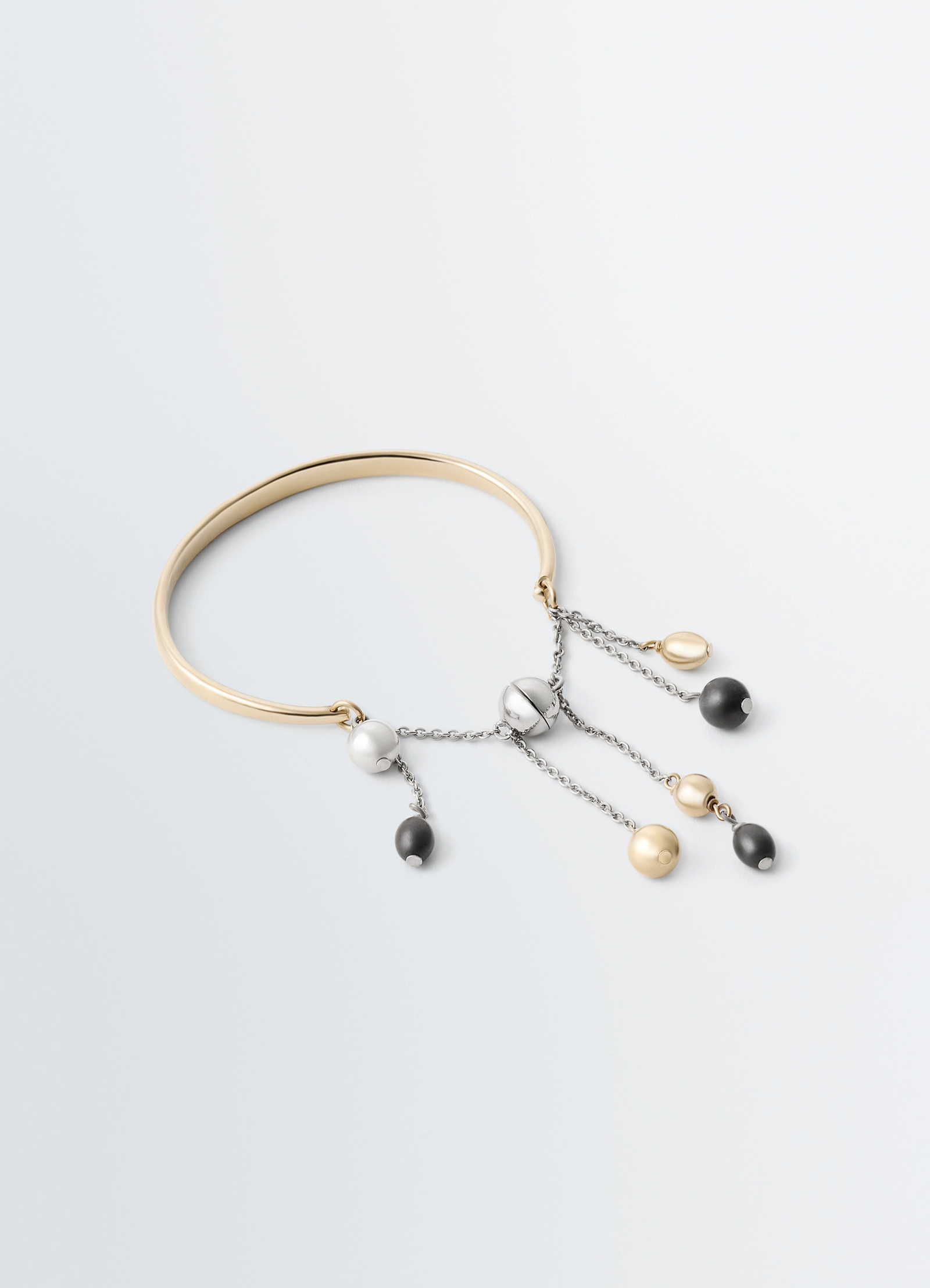 Seeds bracelet in mixed metals, product shot, angled top view dangling seed charms