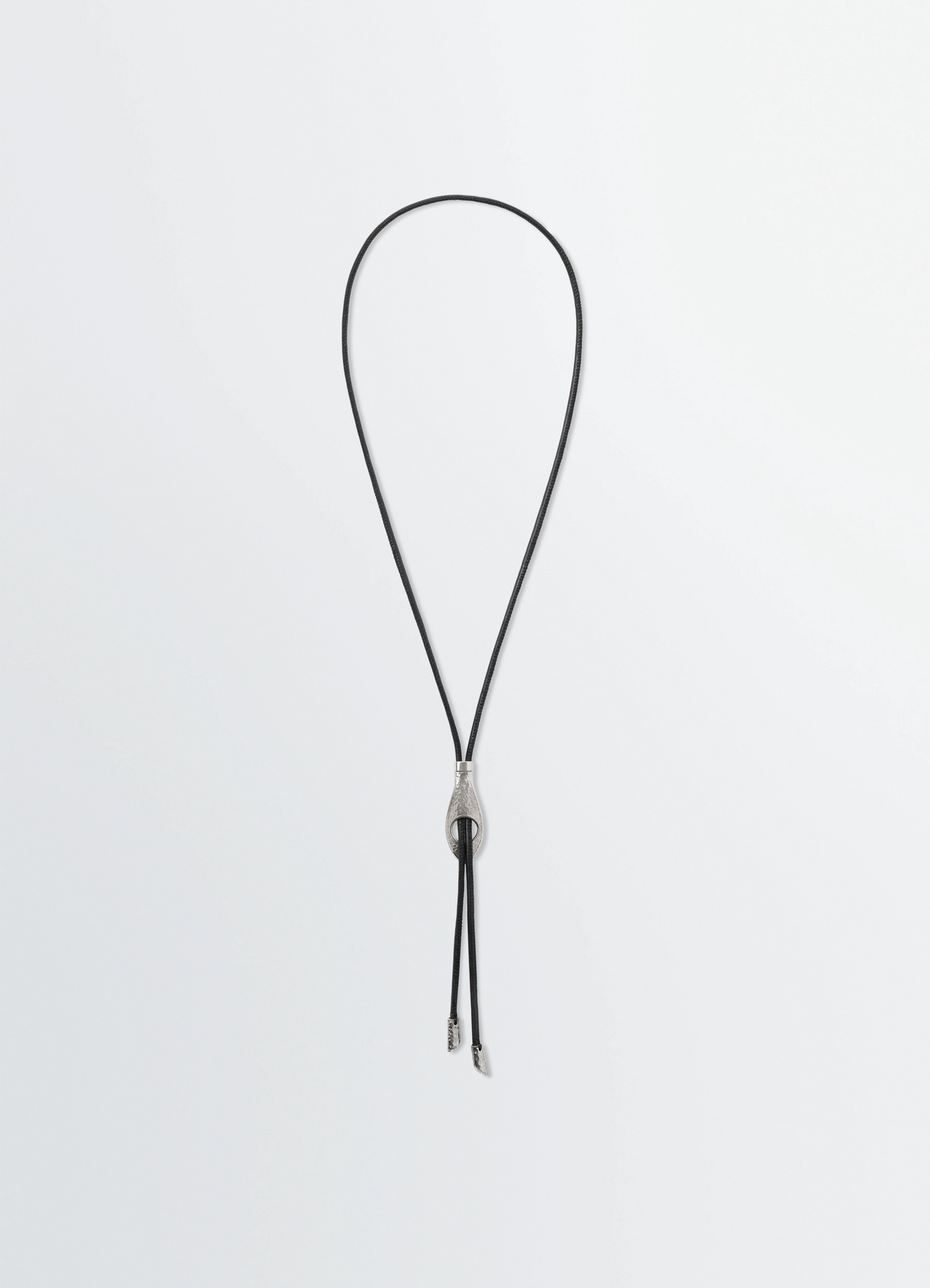 Snake bolo tie necklace in leather and brass, product shot, front view adjustable cord