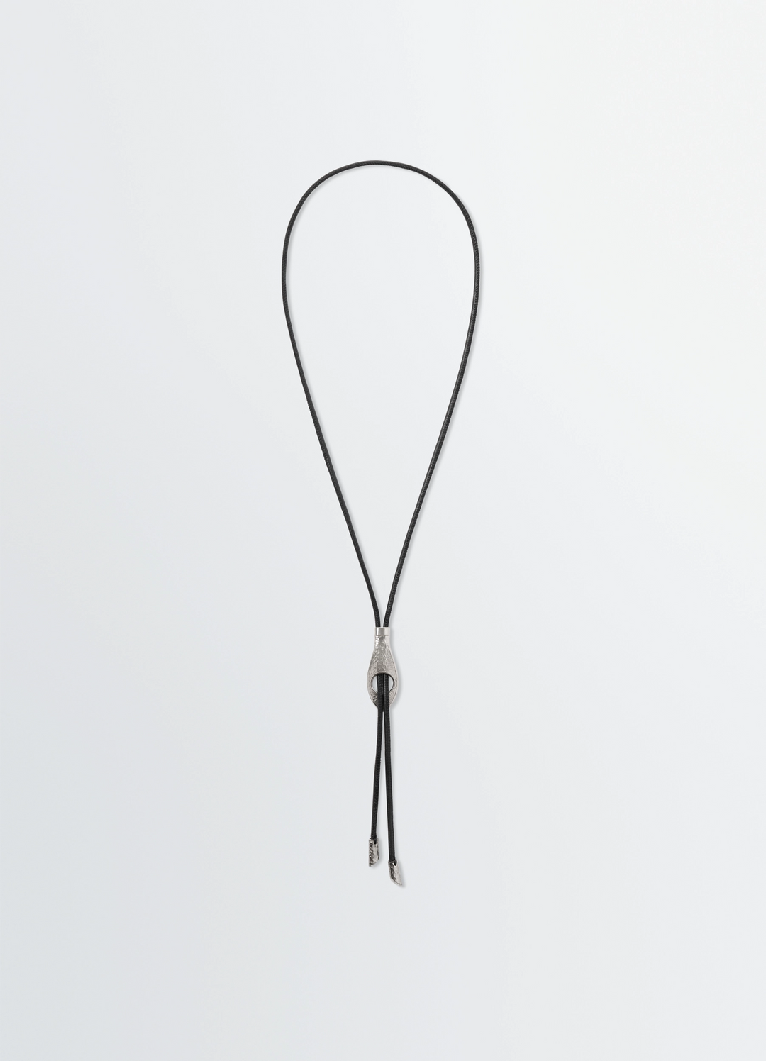 Snake Bolo Tie Necklace in Leather and Brass, product shot, Front view Adjustable cord