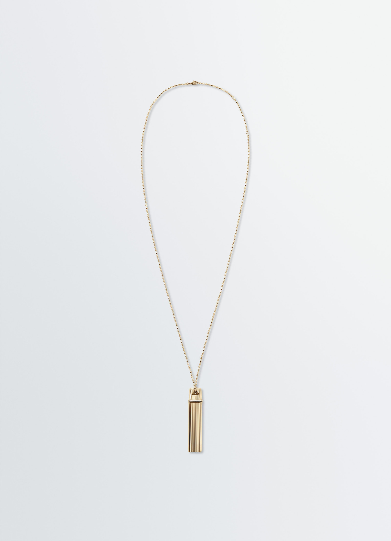 Carpenter pen necklace in brass, product shot, front view hand-carved capsule