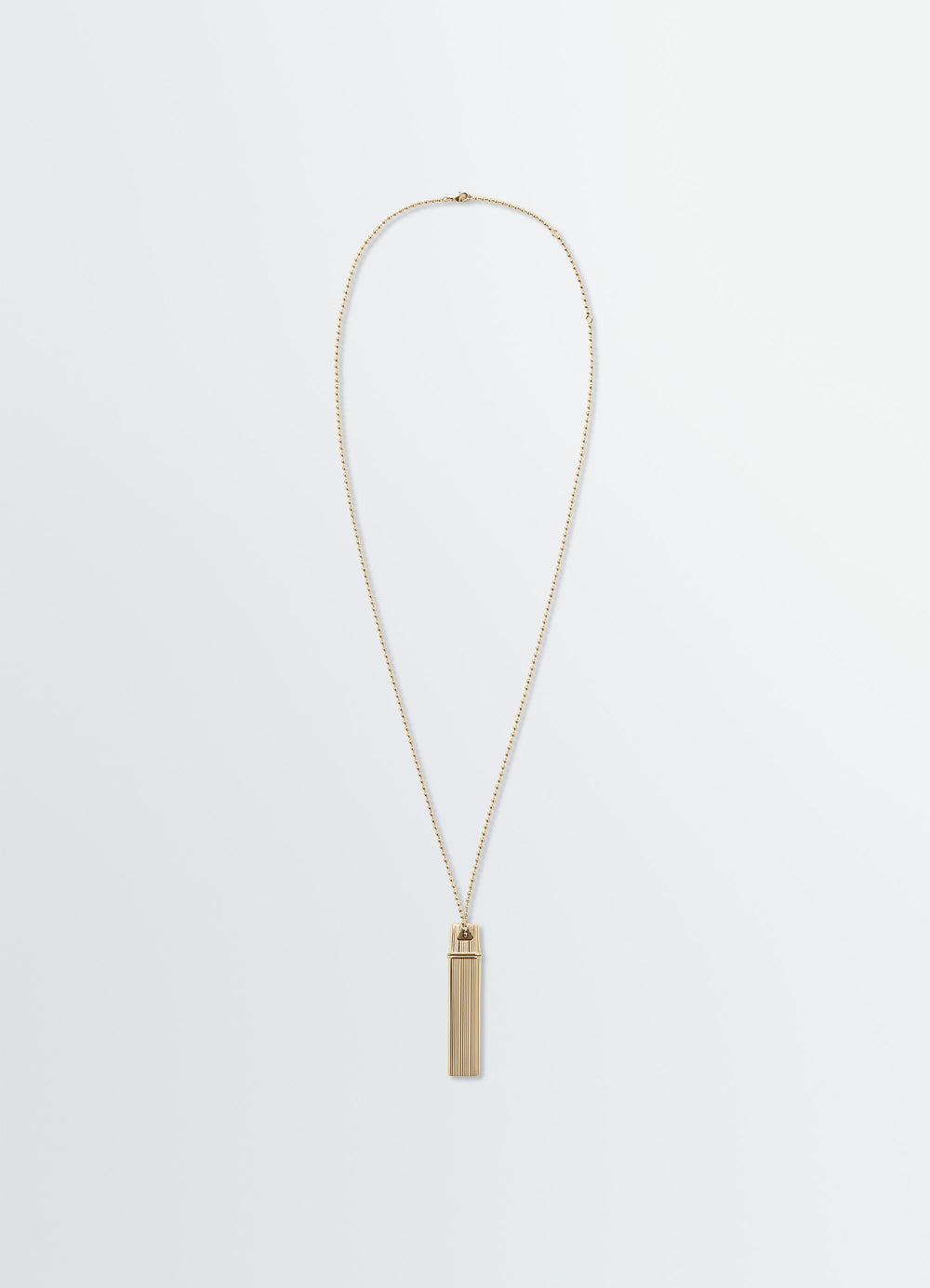 Carpenter Pen Necklace in Brass, product shot, Front view Hand-carved capsule