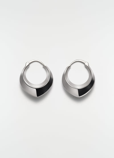 Drop edge hoop earrings rhodium-plated silver by LEMAIRE with smooth finish front view on white background
