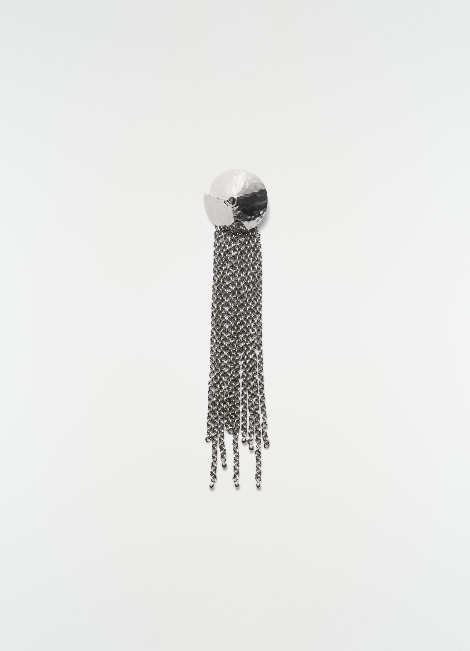 Chain tassel brooch in silver brass by lemaire with hammered round top, front view on plain white background