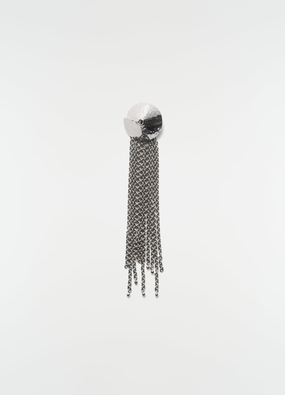 Chain tassel brooch in silver brass by LEMAIRE with hammered round top, front view on plain white background