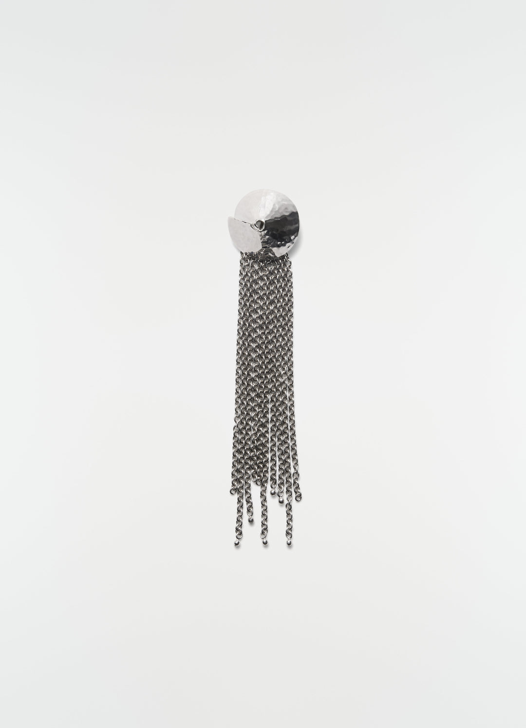 Chain tassel brooch in silver brass by LEMAIRE with hammered round top, front view on plain white background