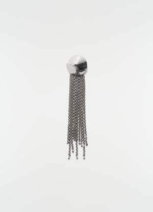 Chain tassel brooch in silver brass by lemaire with hammered round top, front view on plain white background